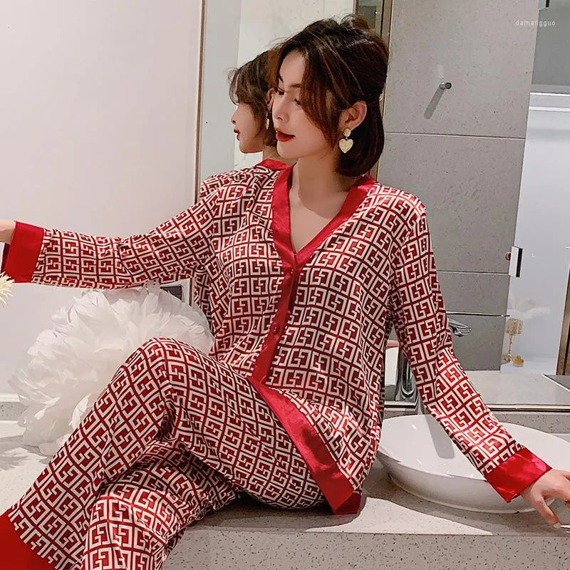 Women's Sleepwear 2023 Silk Satin Pajamas Set Woman Printed Long Sleeve Pijamas Suit Female Homewear Two Piece Loungewear Pjs Plus Size