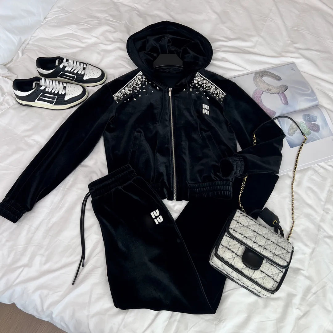 23SS Women Designer Tracksuits Velvet Two Piece Pants Set With Crystal Beads Girls Brand Jersey Jogging Hoodie Jacket Coat Outwear Tops Legging Pant Activewear Suit