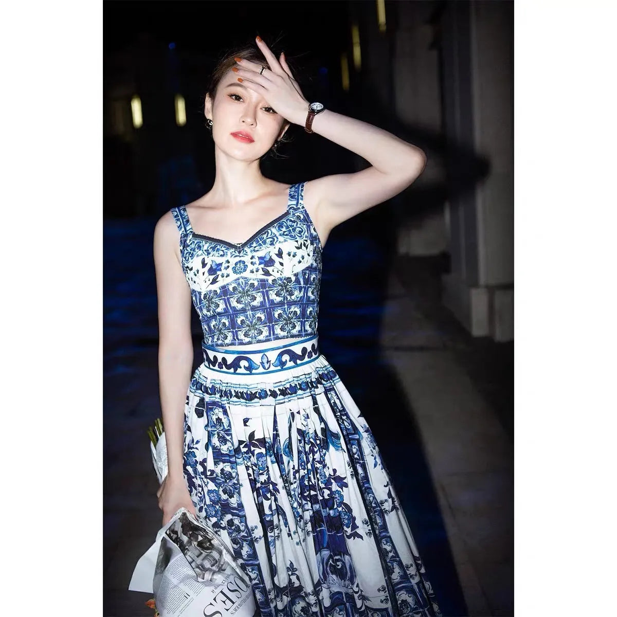 Two Piece Dress runway designer women two pieces set blue and white slimy tops short camisole maxi long skirt fashion outfit za 230607