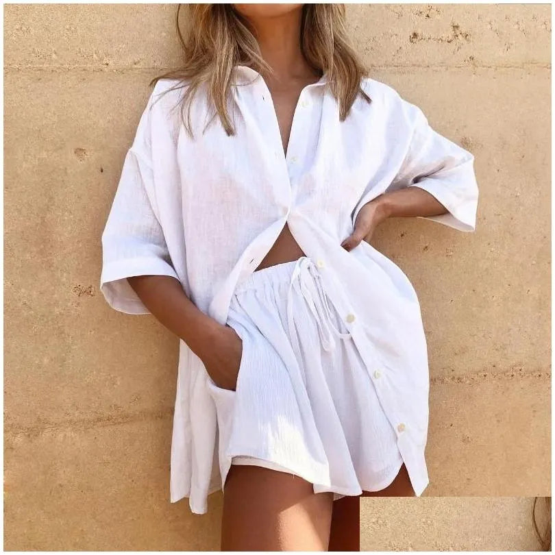 Women'S Tracksuits Womens Women Lounge Wear Shorts Set Short Sleeve Shirt Tops And Loose Mini Suit Two Piece Cotton Linen Summer Tra Dhgey