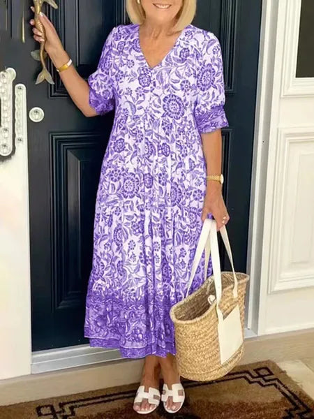 Basic Casual Dresses Boho Print Dress Women Summer Long Dress Female Fashion V Neck Half Sleeve Dress Ladies Loose Oversized Beach Party Dress 230608