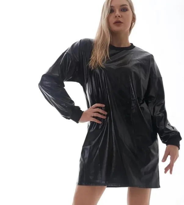 Casual Dresses Women Casual Loose Holographic Dress O-neck Long Sleeve Metallic Wetlook Oversized Mini Dress Laser Patchwork Dress Vestidos