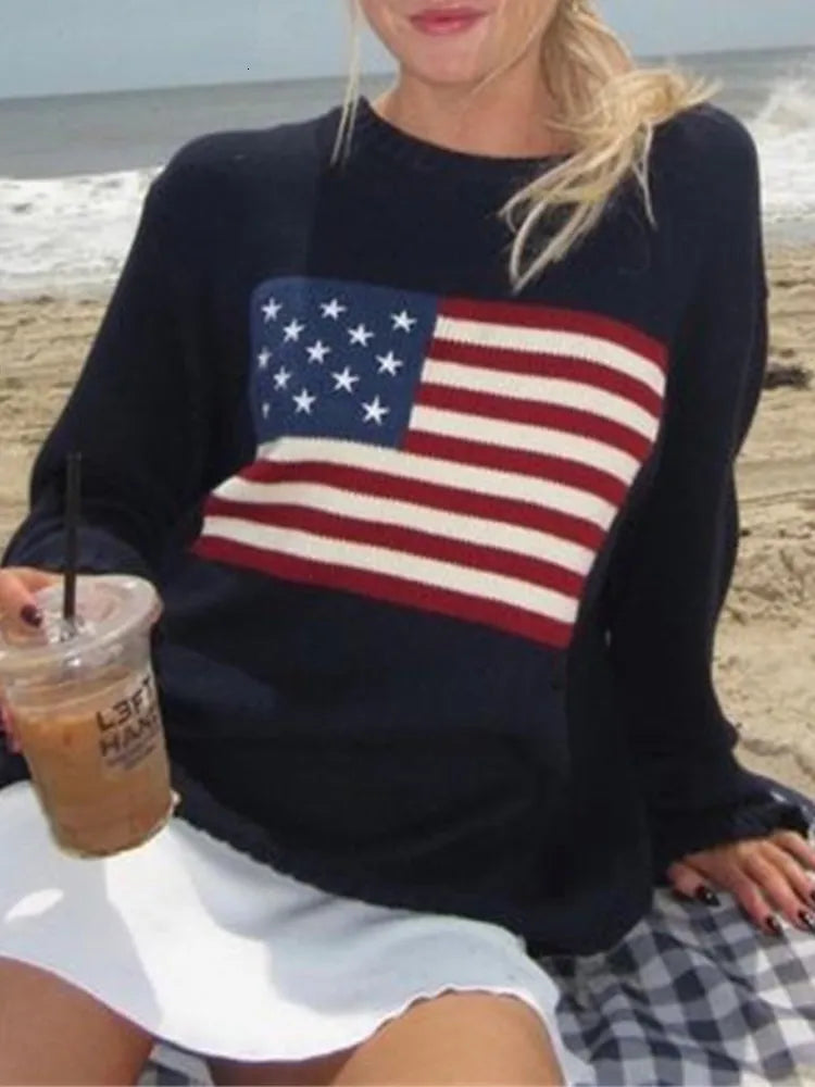 Women's Sweaters Y2K Women Winter Vintage Ladies Luxury American Flag Knit Sweater Aesthetics Long Sleeve Oversize Pullover Tops Clothes 230907