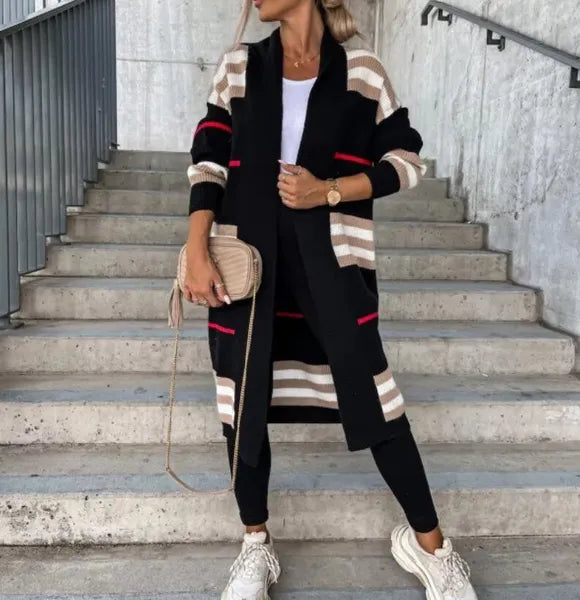 Autumn Winter Women's Sweaters Knitted Cardigan Women Striped Patchwork 2023 Elegant Loose Long Outerwear Sweater Coat Soft Jacket