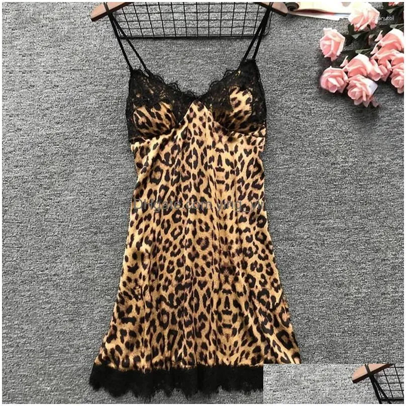 Women'S Sleepwear Womens Leopard Print Sexy Women Pajamas Sets Satin Pijama Silk Home Wear Embroidery Sleep Lounge Pyjama Nightwear Dhru3