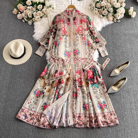 Casual Dresses Holiday Flower Print Long Dress Women's Stand Lantern Sleeve Single Breasted Floral Print Belt Oversize Maxi Robe Vestidos 2024