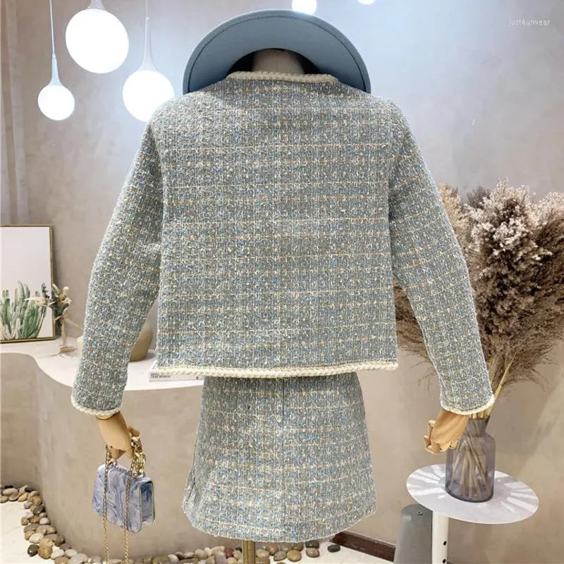 Small Fragrance Tweed Two Piece Set Women Crop Top Short Jacket Coat & Irregular Skirt Suits Autumn Winter Vintage 2 Piece Sets