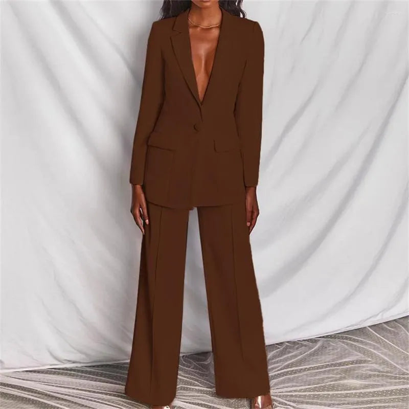 Casual Dresses Two Piece Sets Women Blazer Office Lady Solid Oversized Long Sleeve Jackets Wide Leg Pants Suit Female Outwear