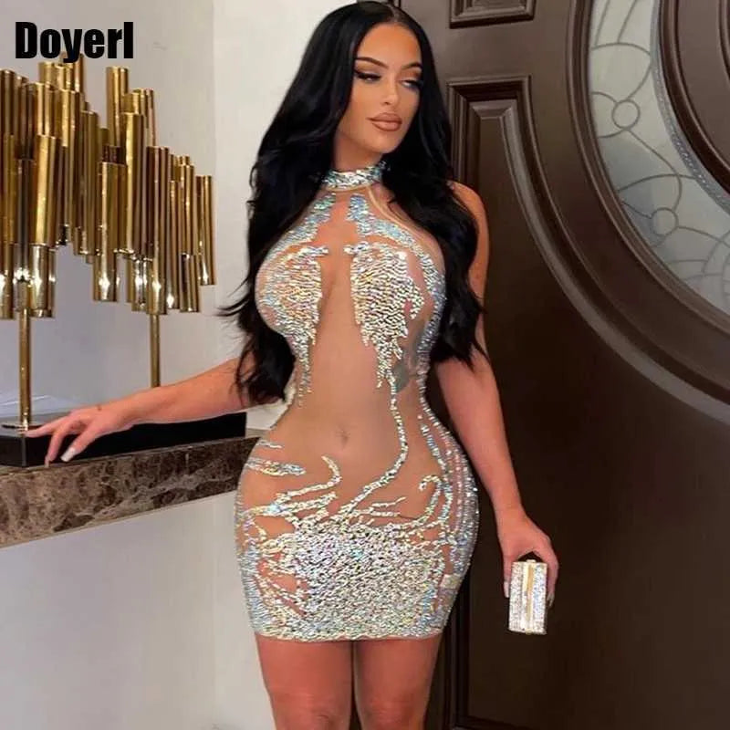 Casual Dresses Mesh Sheer See Through Sexy Party Dress for Women Party Club Night Mini Bodycon Dress Luxury Rhinestone Sparkly Birthday Dress T230210