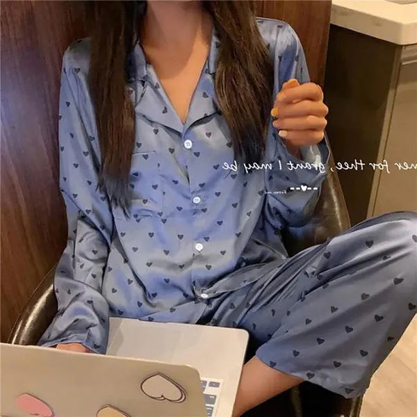 Women's Sleepwear Ice Silk Pajamas Women 2024 Spring Autumn Lapel Painted Suit Long Sleeve Pants 2 Pieces Set Home Clothes Pijamas