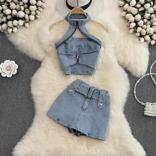 Women's Tracksuits Denim Two Piece Sets Womens Outfits Summer Vintage Hanging Neck Sleeveless Sexy Crop Top Half Body Short Skirt Set For