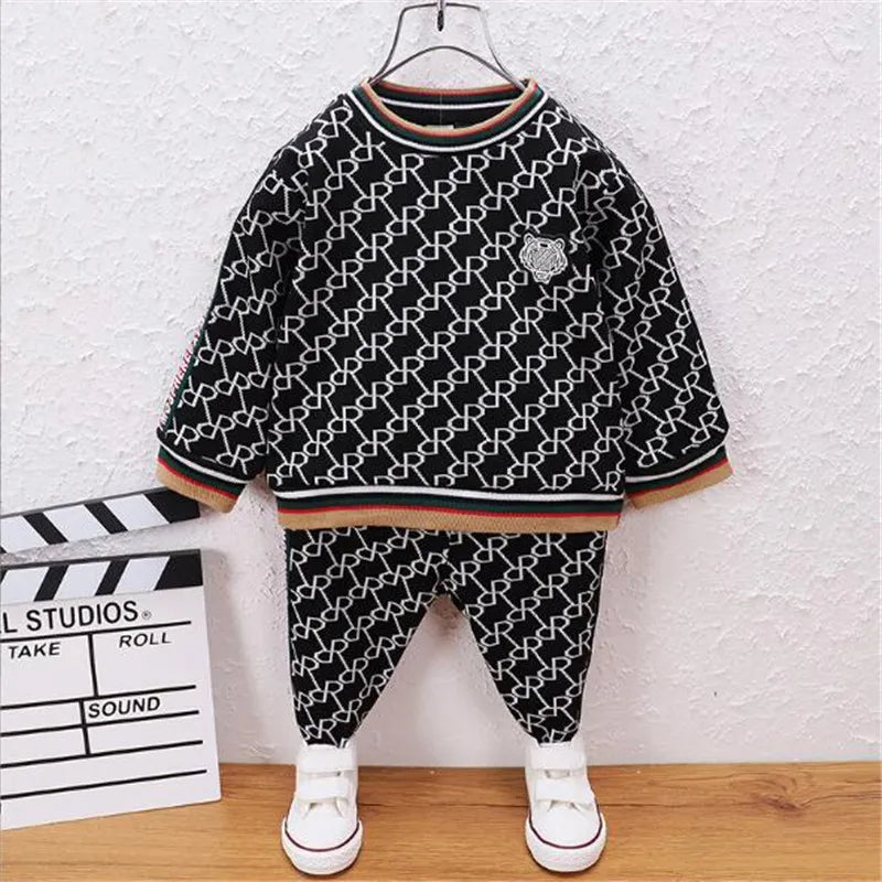 Baby & Kids Clothing 2024 new Spring kids suit Boys'and girls Round Neck Colored Full body Print Pullover Long Sleeve Trendy Two Piece Clothing Sets