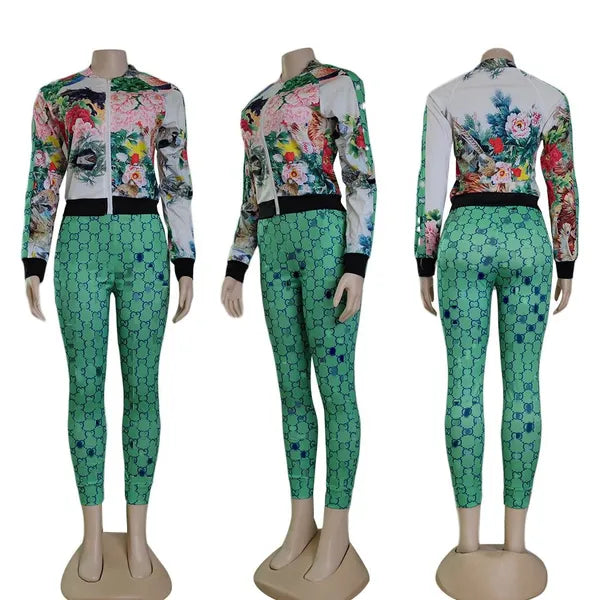 Zipper Two Piece Pants Tracksuit Women Outfits Fashion Printed Zipper Jacket and Sweatpants Sets Free Ship