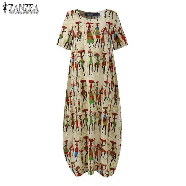 Basic Casual Dresses Women's Summer Sundress ZANZEA Stylish Cartoon Print Maxi Dress Casual Short Sleeve Tunic Vestidos Female O Neck Robe Oversize 230608