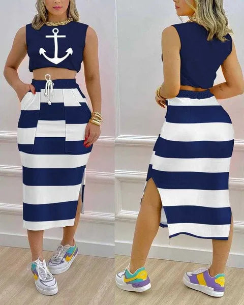 Womens Designer Clothes Casual Track Dresses 2023 New Printed Open Navel Tank Top Split Skirt Two Piece Set