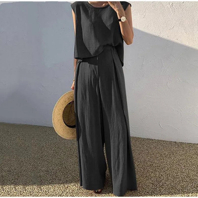 Women's Tracksuits Women Cotton Linen Suits Summer Sleeveless O-Neck Tank Top Wide Leg Pants Two Piece Sets Female Fashion Casual Solid Loose Suits 230504