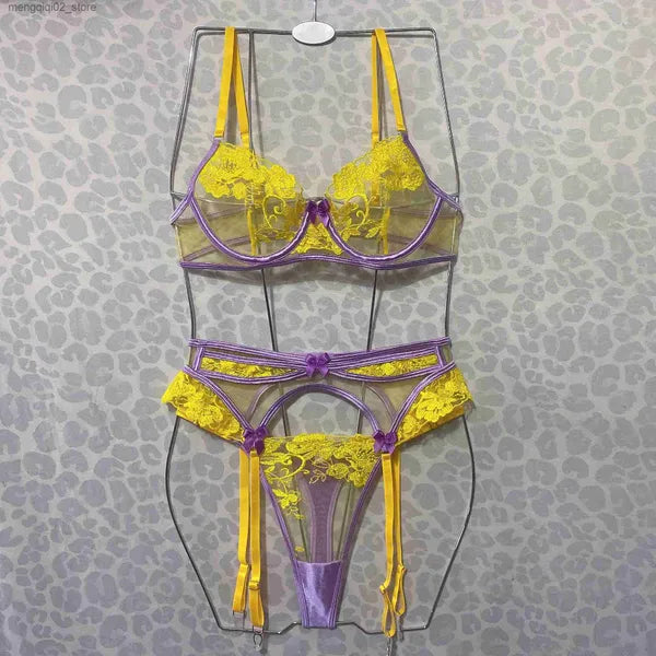 Bras Sets Yimunancy Floral Lingerie Set 3-Piece Women Contrast Color Fancy Erotic Bra + Panty Underwear Set Intimates Q230922