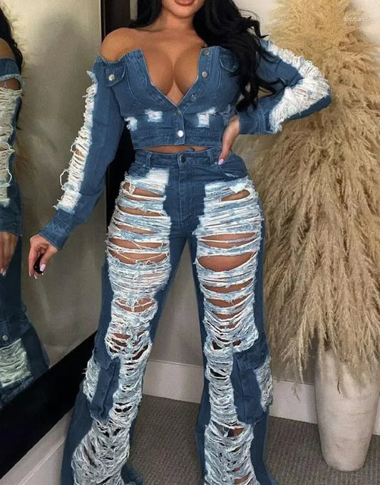 Women's Two Piece Pants Sexy Sets For Woman Outfit Denim High Waist Pocket Design Ripped Jeans 2023 Autumn Fashion Spicy Girl Attire