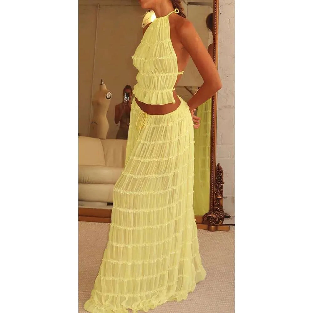 Women Two Piece Dress Outfits Designer Clothing 2024 Summer New Back Open Lace Up Neck Halter Top Set Edge Chiffon Pleated Long Skirt Set