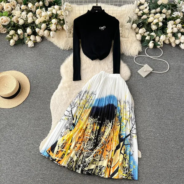 Two Piece Dress Runway Designer Pullover Knitted Black Tops and Long Pleated Skirt Suit Autumn Women Two Piece Sets Elegant Casual Party Outfit 2024