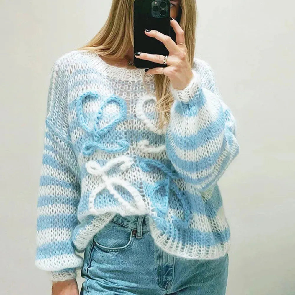 Women's Sweaters Oversized Knitted Rainbow Sweater Women Fashion Stripes Contrast Round Neck Pullover Sweater Casual Loose Cute Jumper y2k top 231012