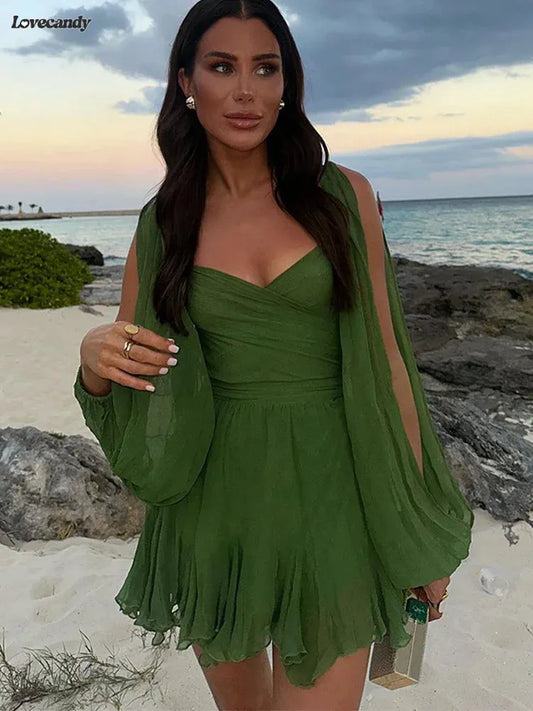 Chic Hollow Out Lantern Sleeve Mini Dres Elegant Solid V Neck Green Mesh Short Dresses Spring Summer Lady Beach Vestidos 240314