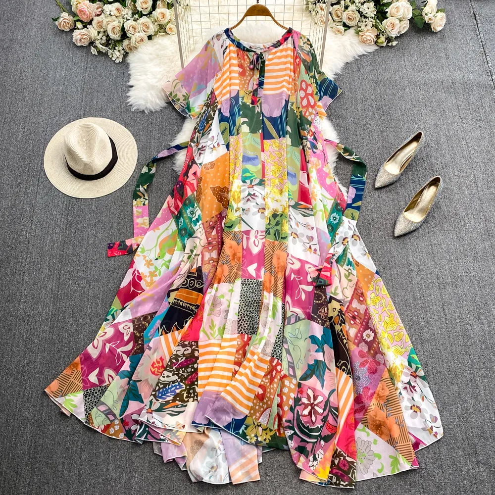 Casual Dresses Summer Bohemian Women Short Sleeve Sashes High Waist Oversize Chic Dress Fashion Floral Loose Pleated A Line Long Dress 2024