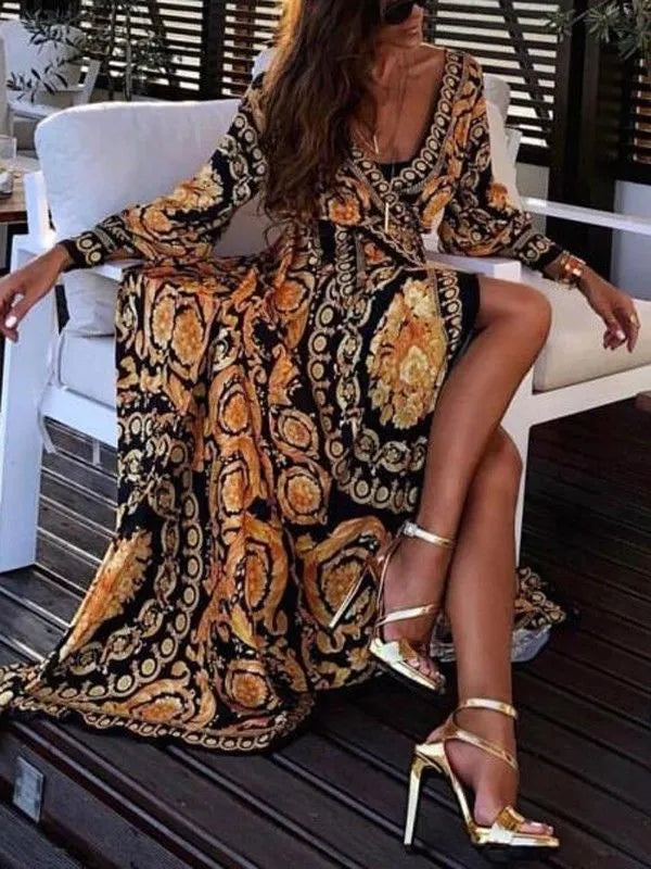 Fashion Casual Dresses New Style Elegant for Women Sexy Boat Neck Glitter Deep V Neck Print Party Dress Formal Long Dress Sexy Clubwear