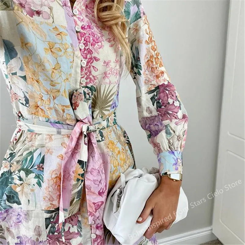 Casual Dresses BOHO INSPIRED MULTICOLORED FLORAL PRINT summer DRESS women buttons down belted long sleeve woman dress elegant ladies dress 0830