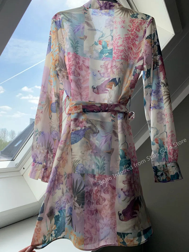 Casual Dresses BOHO INSPIRED MULTICOLORED FLORAL PRINT summer DRESS women buttons down belted long sleeve woman dress elegant ladies dress 0830