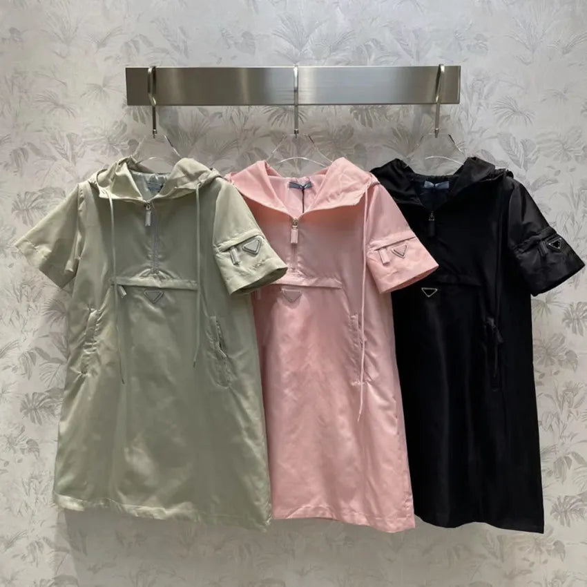 Women hooded shirt dresses summer short sleeve casual dress new fashion oversize jumpsuits pink green black high quality SML