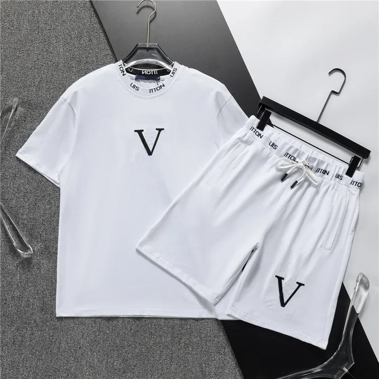 Men's Tracksuits Casual Letter Printing Comfortable Personnel Neck Short Sleeved Tshirt and Shorts Set Oversized Loose Fitting