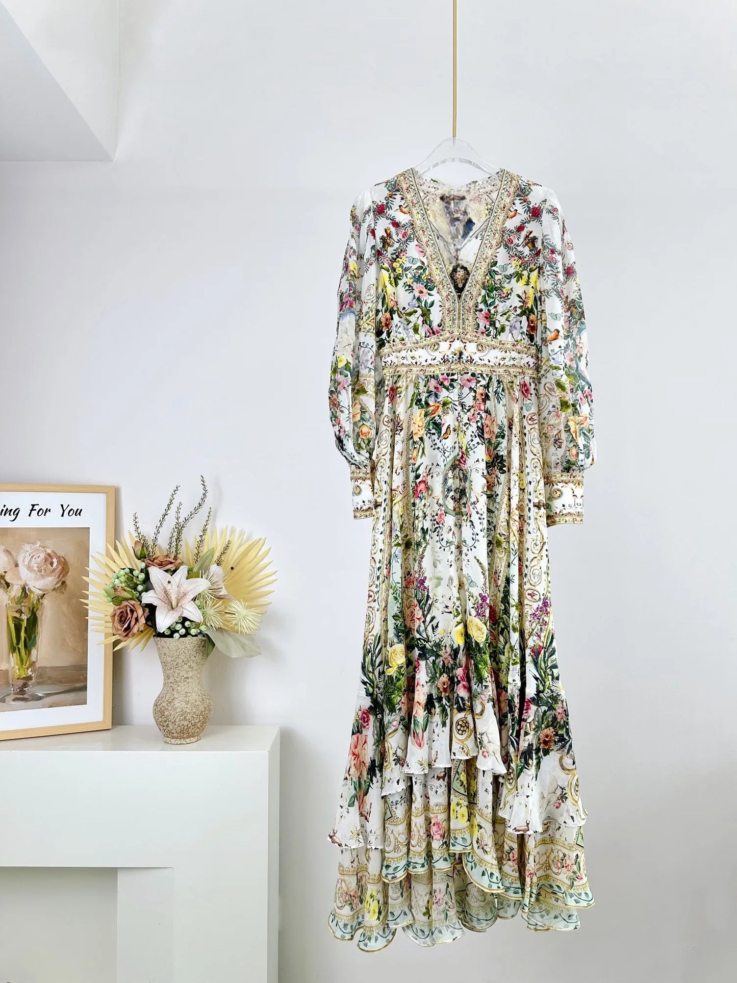 2024 Spring/Summer New Silk Printed V-neck Layered Long Dress