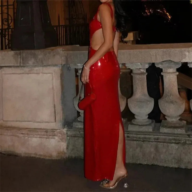 TRAF Backless Sequin Dress Woman Silver Red White Slip Long Women Glitter Sexy Party Dresses Midi Prom Evening 240415