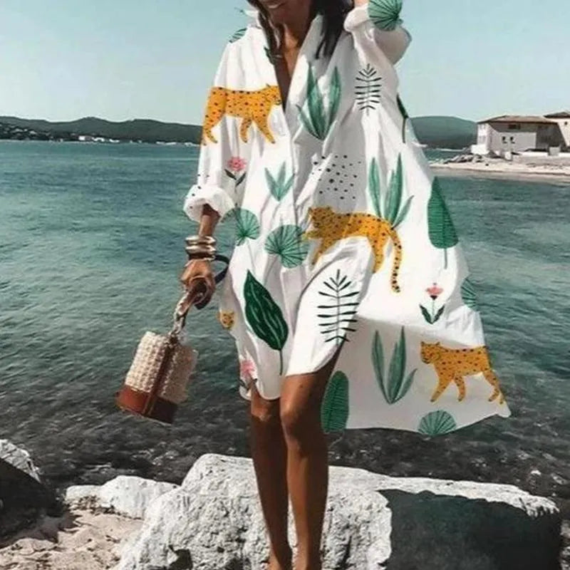 Casual Dresses Oversized Shirt Dress Women Summer Print Button Long Sleeve Loose Beach Female Elegant Bohemian Vacation SundressCasual