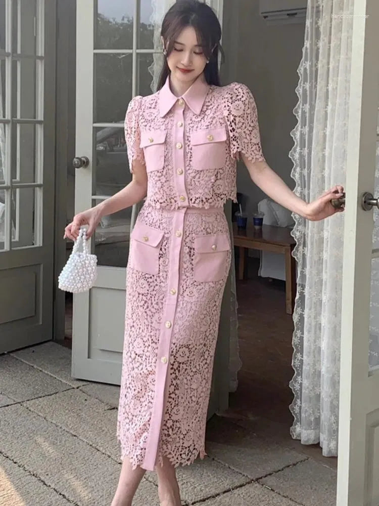 Work Dresses Luxury Runway Small Fragrance Two Piece Set Women Lace Hollow Out Shirt Top Long Skirt Suits Summer 2 Sets