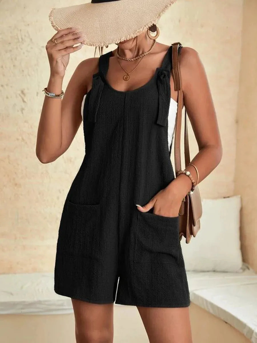 Womens Summer Jumpsuit Overalls Short Loose Sleeveless Wide Leg Overall Solid Casul Daily Banggy Romper with Pockets Black 240315