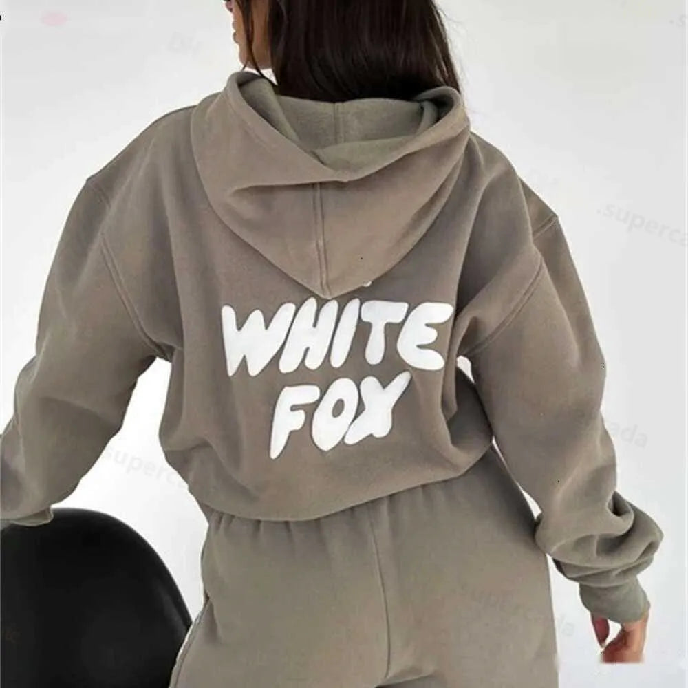 Sweatshirts WF-Women Women's Hoodies Letter Print 2 Piece Outfits FOX Cowl Neck Long BLACK WHITE Sleeve Sweatshirt and Pants Set Tracksuit Pullover Hooded Sports suit