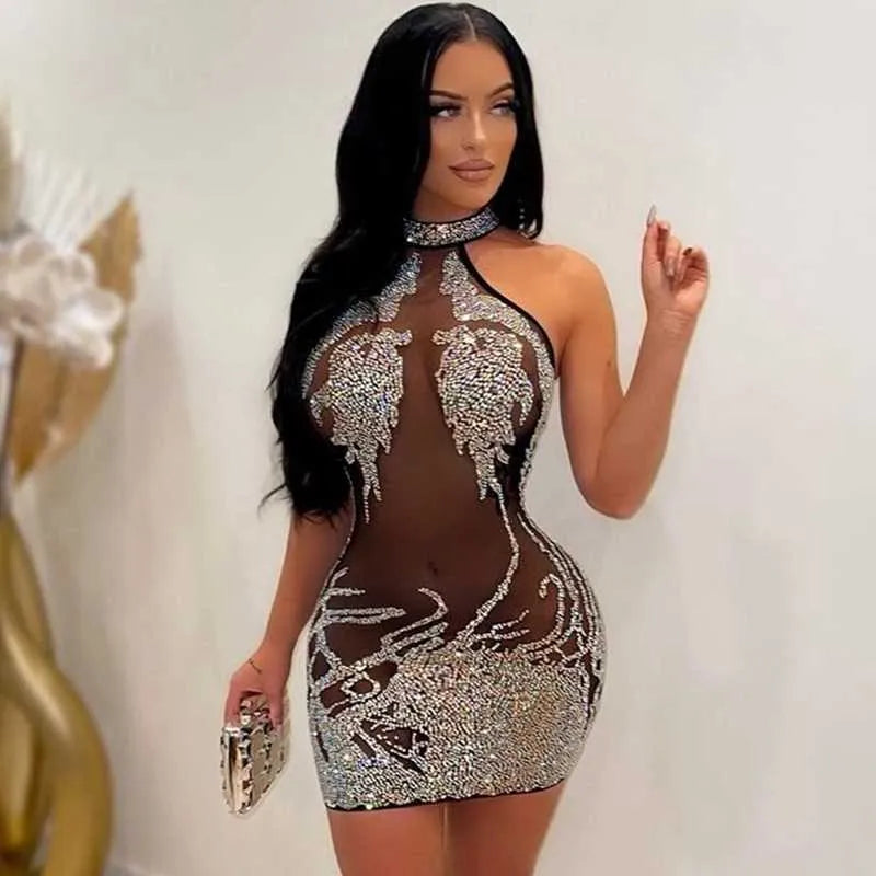 Casual Dresses Mesh Sheer See Through Sexy Party Dress for Women Party Club Night Mini Bodycon Dress Luxury Rhinestone Sparkly Birthday Dress T230210