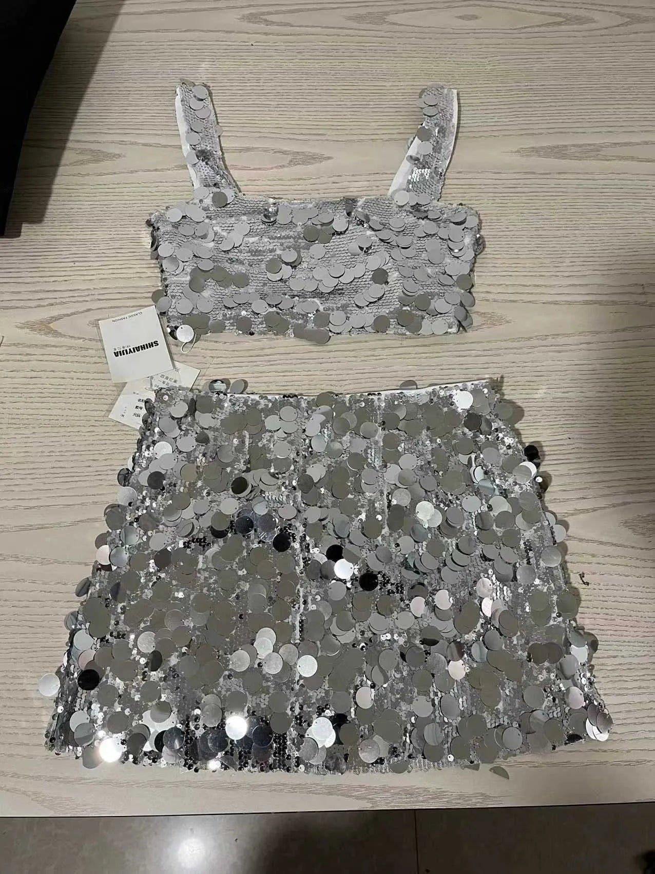 Two Piece Dress PREPOMP 2023 Summer Square Collar Sleeveless Silver Sequins Vest Women Crop Top Short Skirt Two Piece Set Women Outfits GH550 J230506