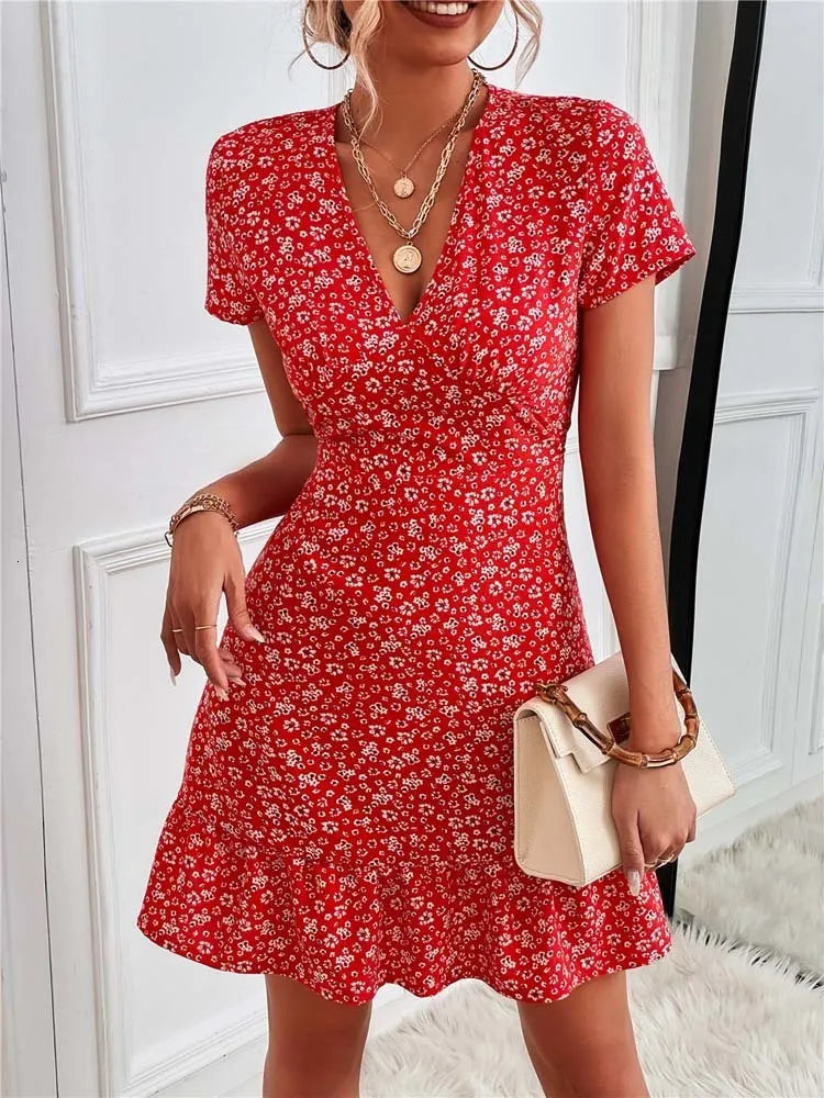 Basic Casual Dresses Summer Short Boho Dress Women V Neck Print Floral Party Dress Ladies Bohemian Flower Mini Dress For Women 230531