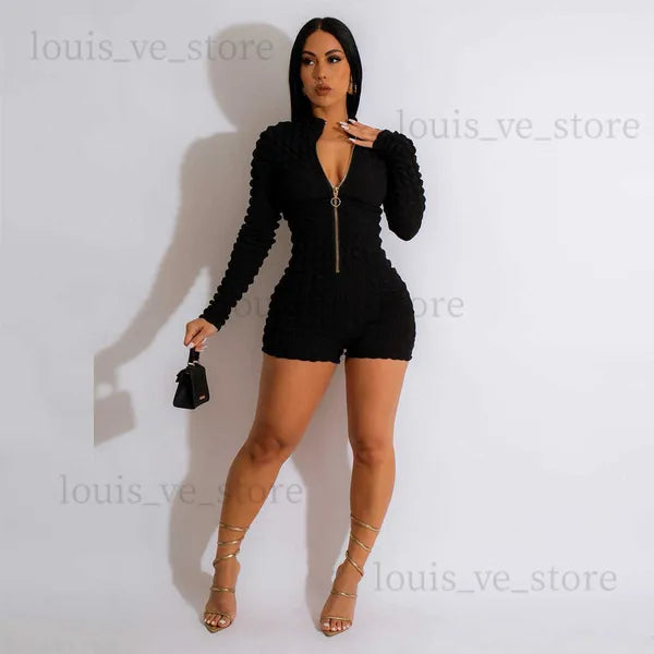 Women's Jumpsuits Rompers CM.YAYA Women Seersucker High Stretch Long Sleeve Zipper Fly Skinny Moto Biker Style Romper and Playsuit INS 2023 One Piece Suit T231202