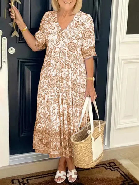 Basic Casual Dresses Boho Print Dress Women Summer Long Dress Female Fashion V Neck Half Sleeve Dress Ladies Loose Oversized Beach Party Dress 230608