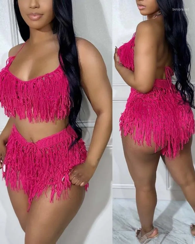 Women's Tracksuits Sexy Womens Two Piece Sets Outfit Spaghetti Strap Crop Crochet Top & Tassel Design Shorts Set Fashion 2023 Summer