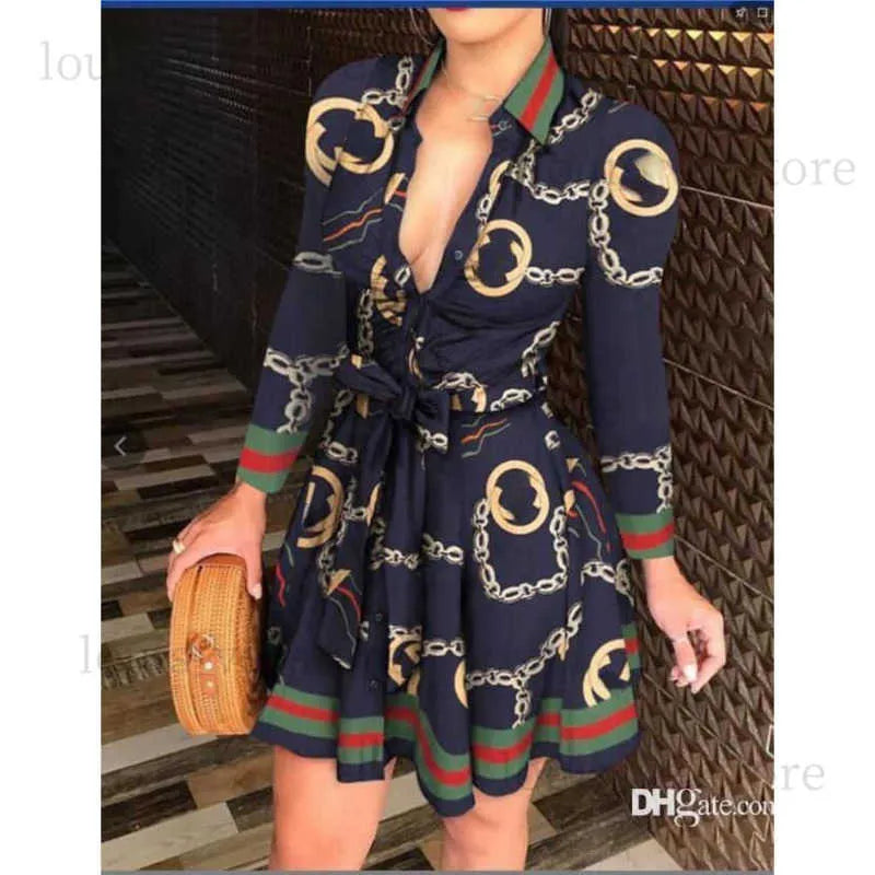 2023 Spring Casual Dresses Plus Size 3XL Women Lace Up Button Down Chain Printed Lapel Neck Party Dress Sexy Bandage Skirt 211 T230808