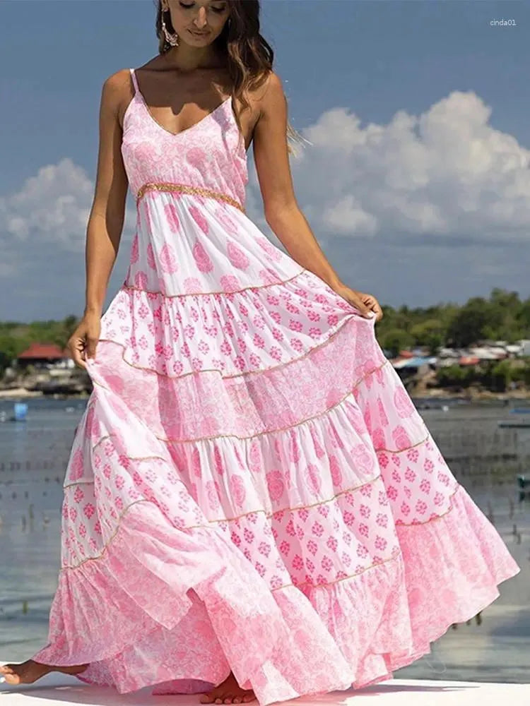 Casual Dresses Print Ruffles Oversized Hem Women Dress Fashion Loose Long Backless Sling Vestidos Spring Summer Beach Female Robe