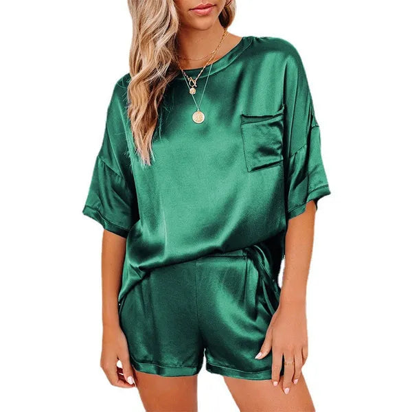 Women's Tracksuits Satin Silk Women Sets Pockets T Shirts and Elastic Waist Shorts Suit Pajama Spring Summer 2 Piece Set Homewear G2598 230209