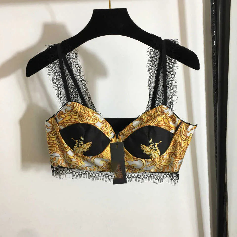 23ss tank sling womens designer clothing Womens Sexy Colorblock Printing Lace Edge Bra Strap Underwear Can Be worn Alone High quality women clothes