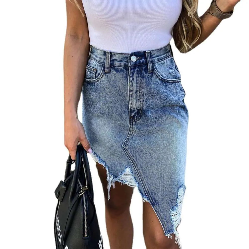 2024 Summer Casual Irregular Wrapped Hip Fringe Perforated Denim Skirt