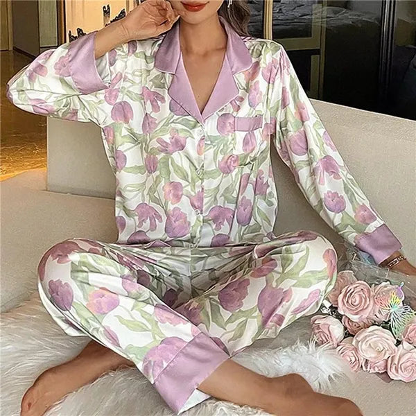 Women's Sleepwear Ice Silk Pajamas Women 2024 Spring Autumn Lapel Painted Suit Long Sleeve Pants 2 Pieces Set Home Clothes Pijamas